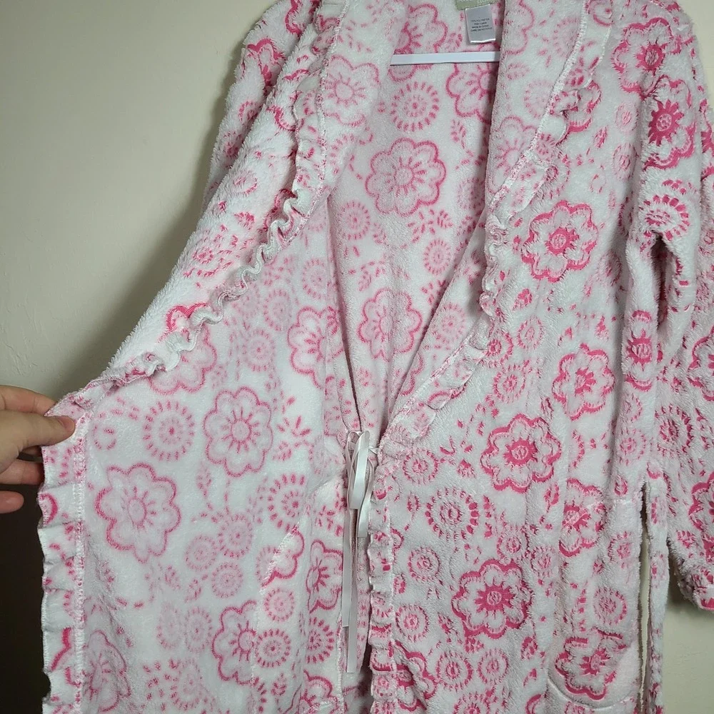 Pink Plush Floral Robe Ruffle‎ Trim L Loungewear Coquette Girly Barbiecore GRWM